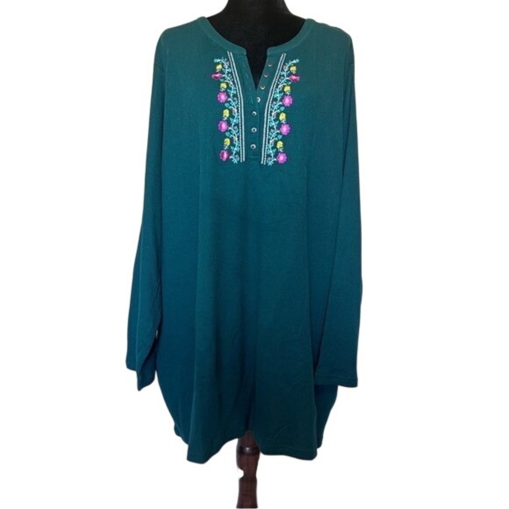 NWOT Women Within Green Waffle Knit Henley with Embroidery Blouse Shirt Size 5X